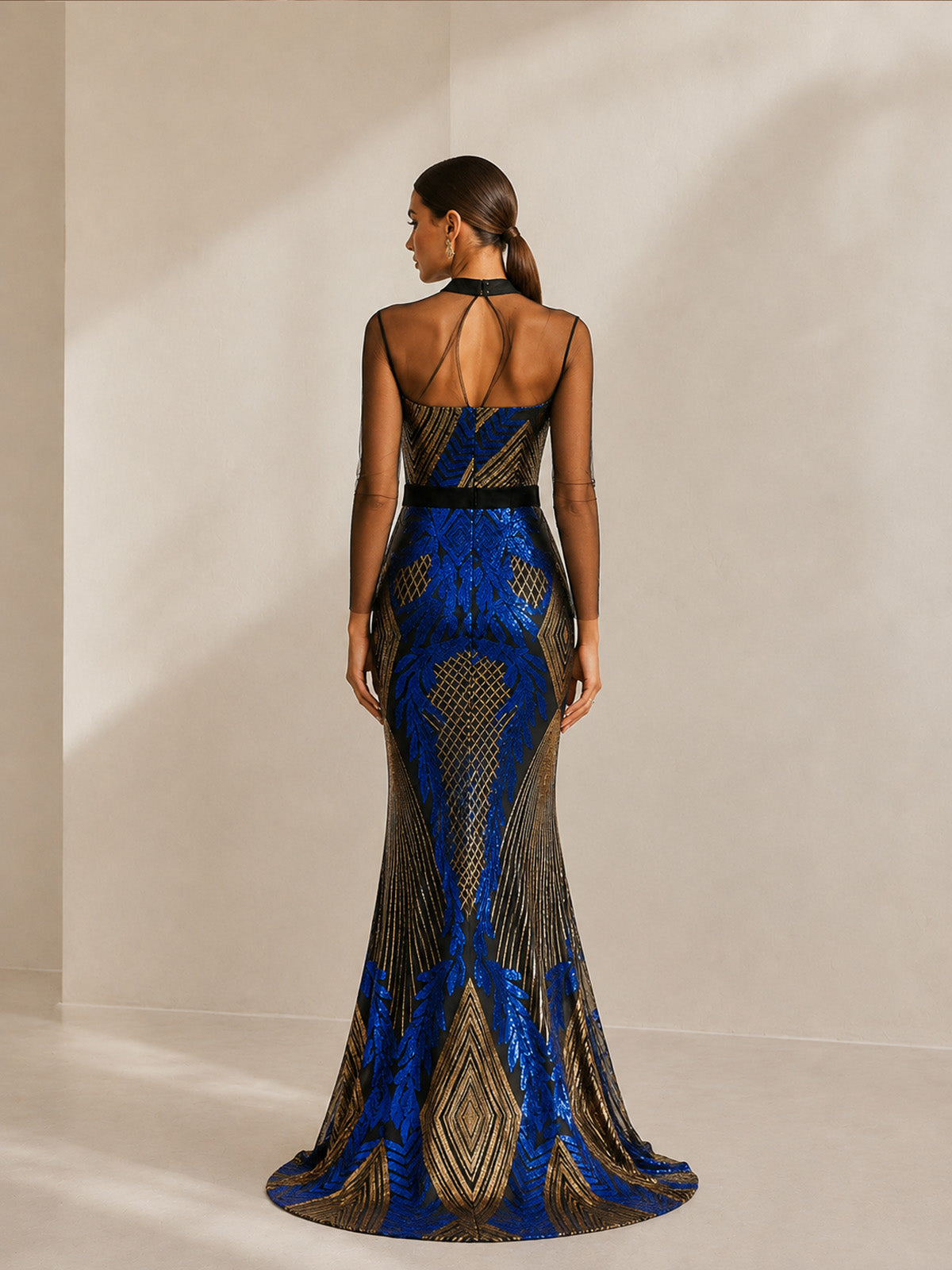 Women’s Blue Luxe Sequin Mesh High Neck Long Sleeve Mermaid Maxi Dress