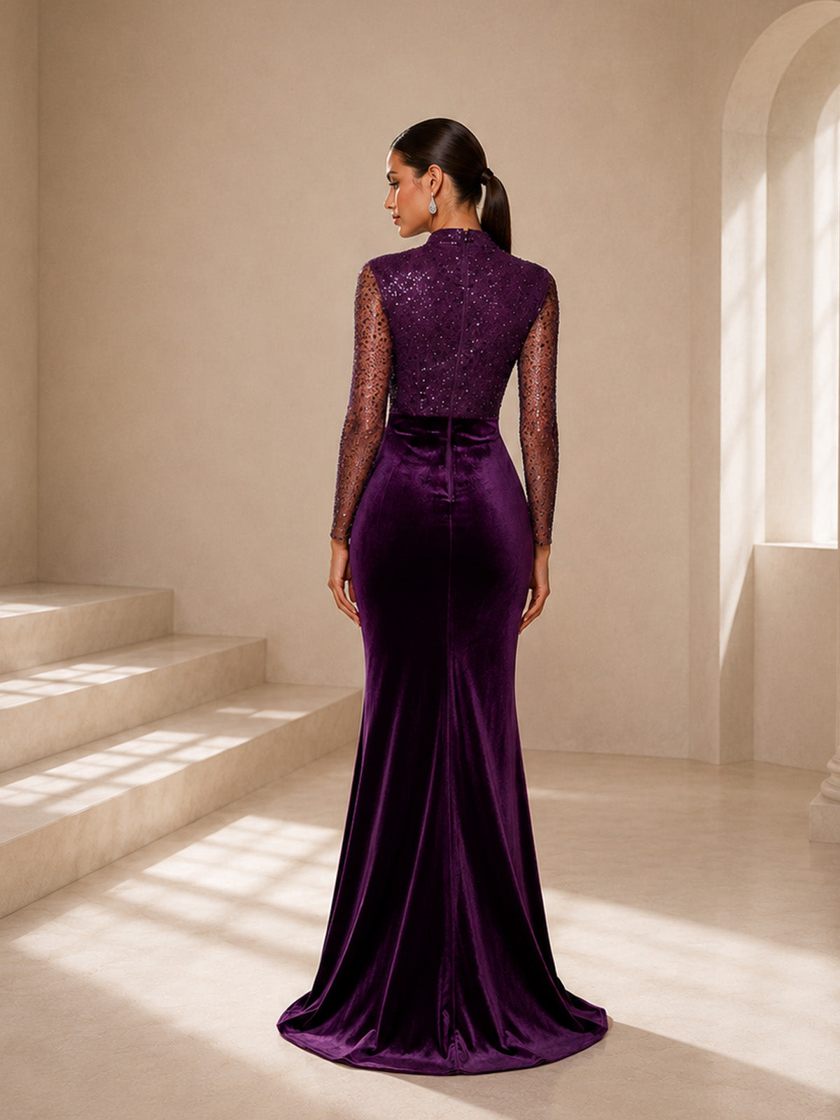 Women’s Purple Glamorous Velvet Mesh Mock Neck Long Sleeve Slim Mermaid Maxi Dress