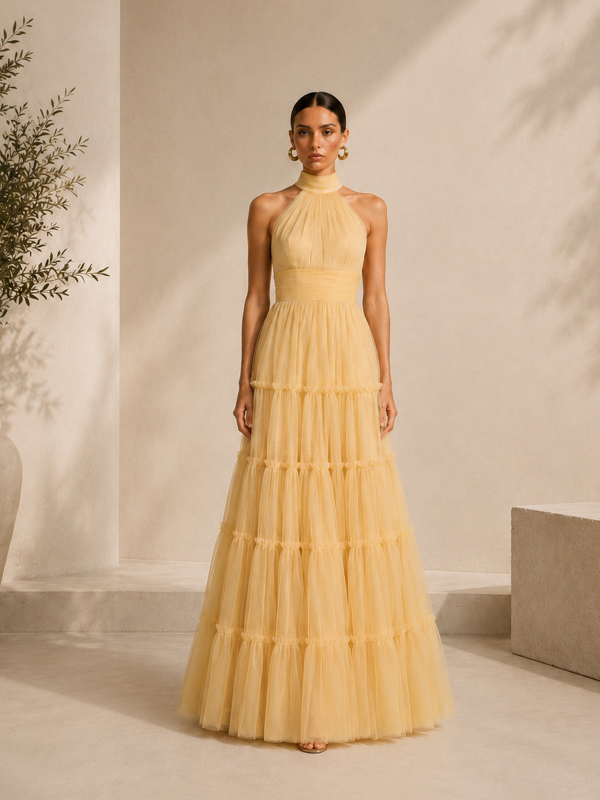 Women’s Yellow Multi-Layer Tuller Halter Neck Sleeveless Flowy Maxi Dress
