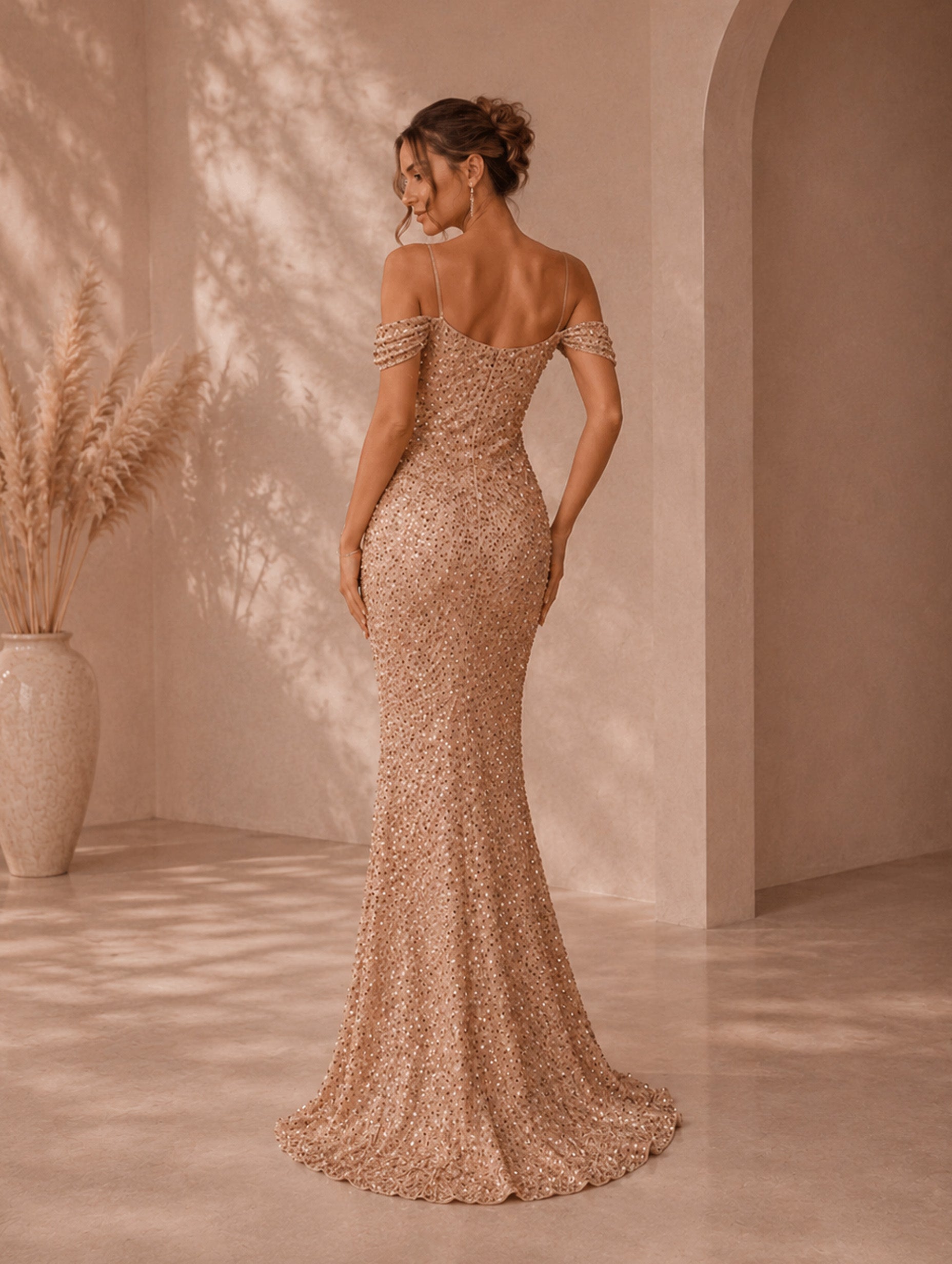 Women’s Glamorous Sequin Spaghetti Strap Cold Shoulder Slim Mermaid Maxi Dress with High Slit