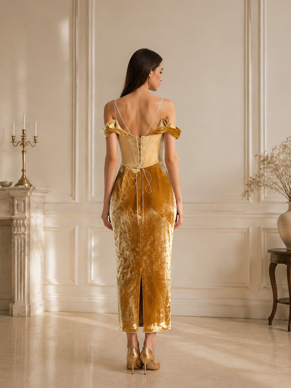 Women’s Gold Velvet Off Shoulder Ruched Draped Maxi Dress