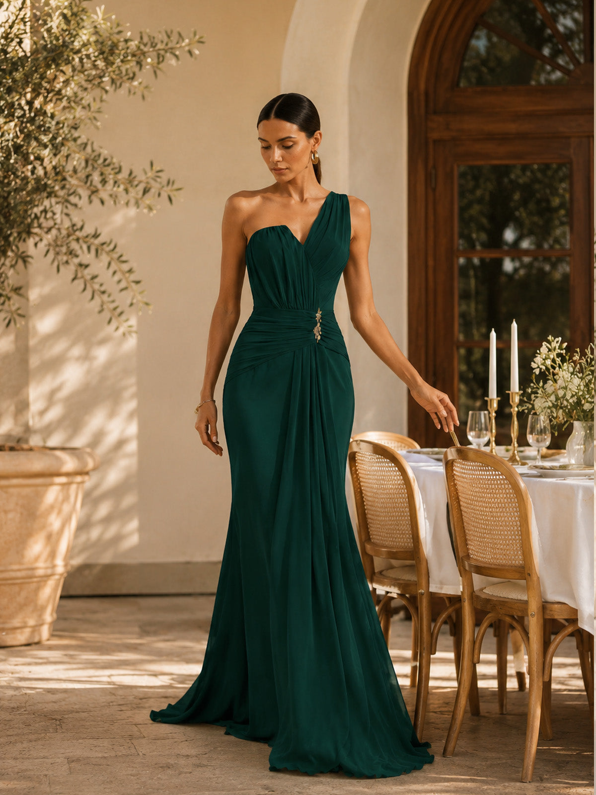 Women’s Green Draped Chiffon One-Shoulder Sleeveless Slim Mermaid Maxi Dress