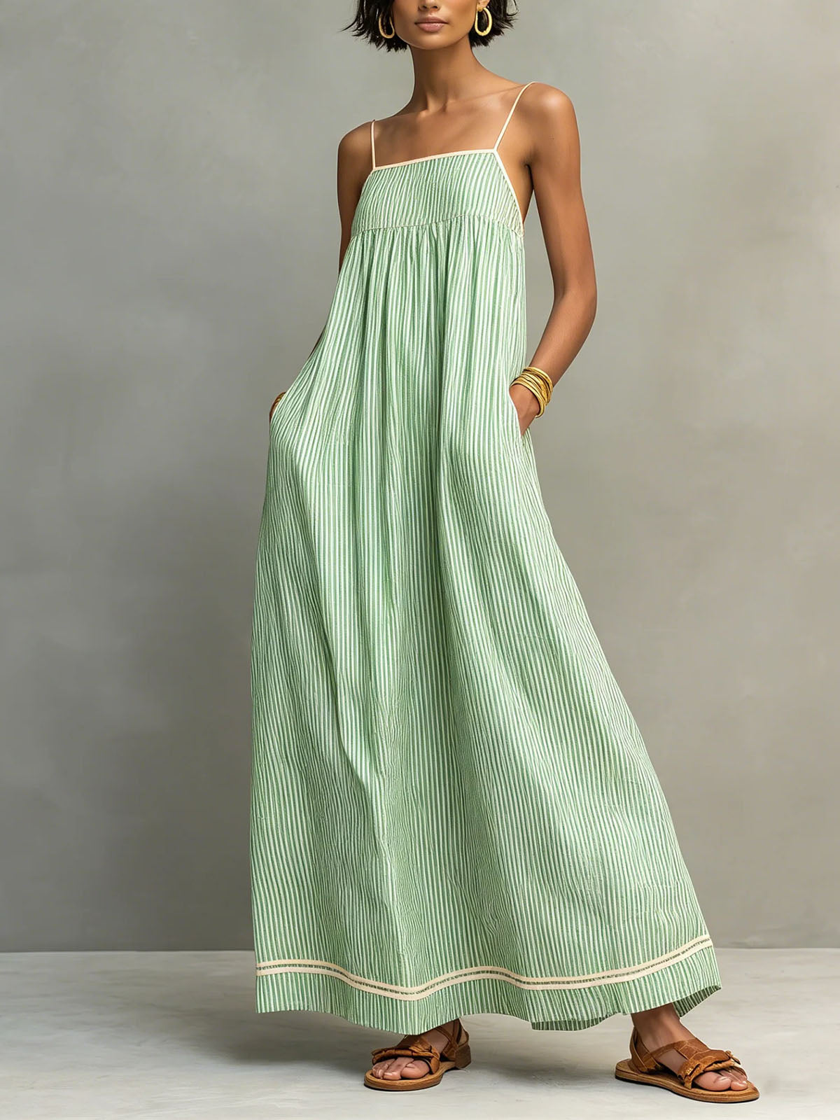 Women’s Blue Striped Coastal Blend Square Neck Spaghetti Strap Relaxed Maxi Dress