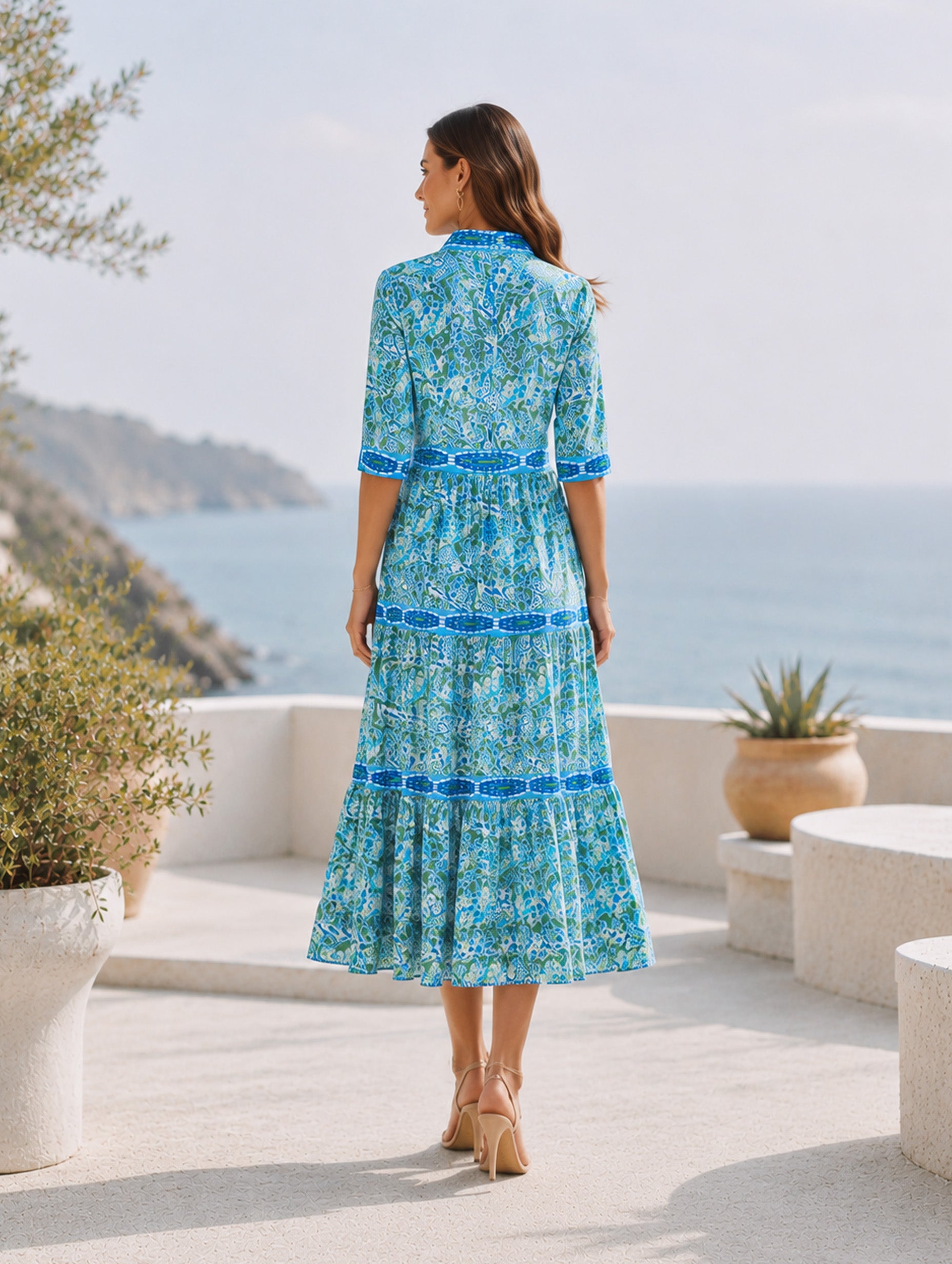 Women’s Blue Green Elegant Mandarin Neck 3/4 Sleeve Regular Maxi Dress with Botanical Print and Pockets