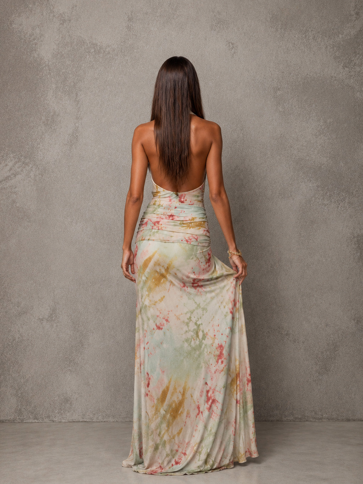 Women’s Floral Print Elegant Halter Neck Ruched Split Maxi Dress