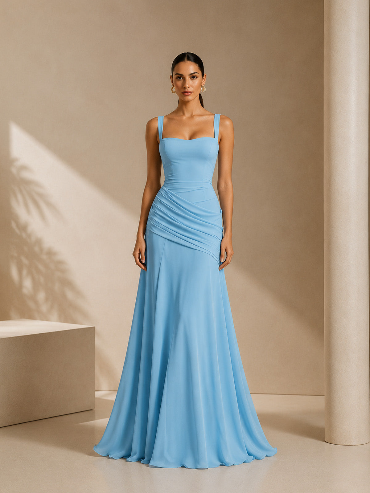 Women’s Yellow Elegant Ruched Square Neck Sleeveless Maxi Dress