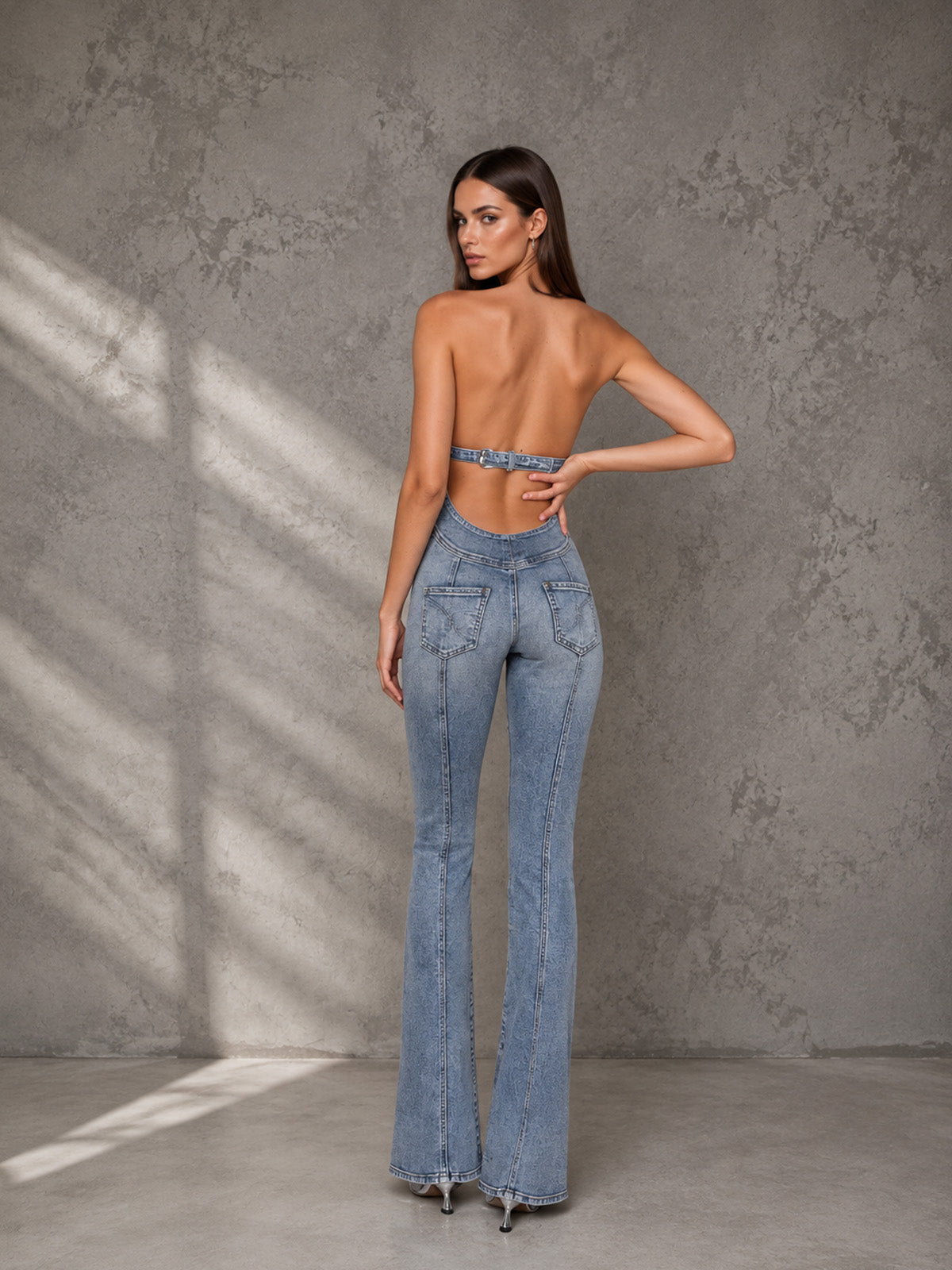 Women’s Light Blue Denim Halter Neck Slim Fit Flare Jumpsuit