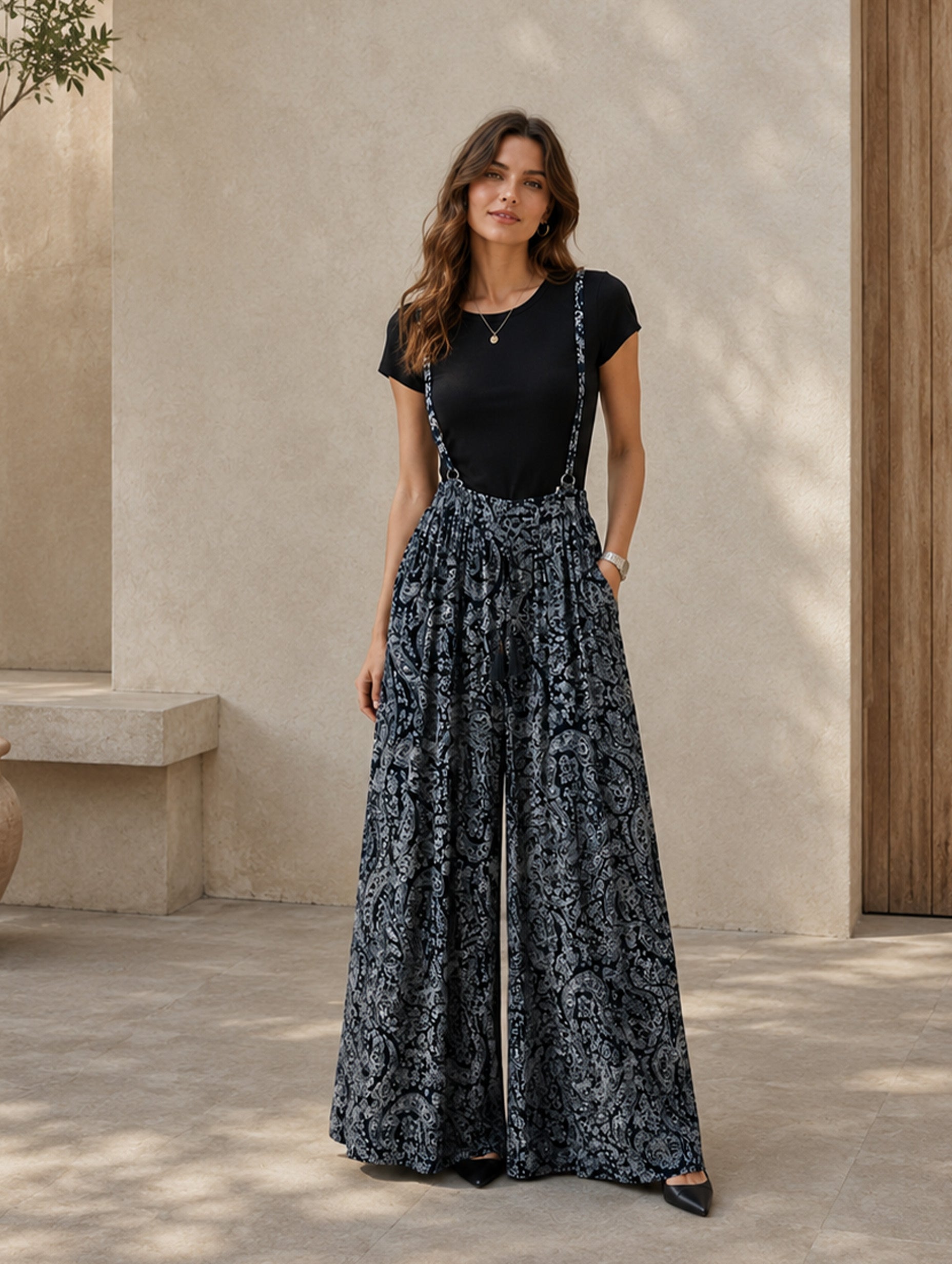 Women’s Black Bohemian Lightweight Woven Round Neck Cap Sleeve Relaxed Full-Length Wide-Leg Jumpsuit with Paisley Print