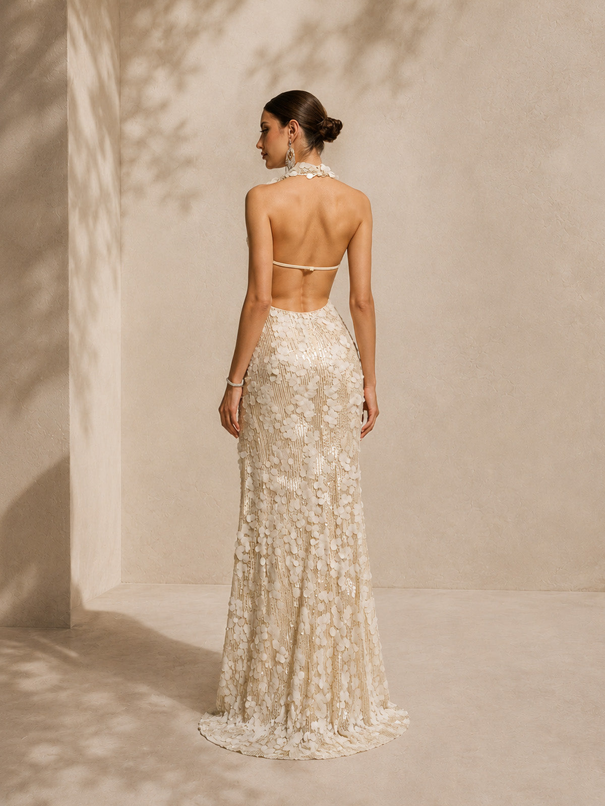 Women’s Ivory Lace Halter Neck Sleeveless Slim Maxi Dress with High Slit