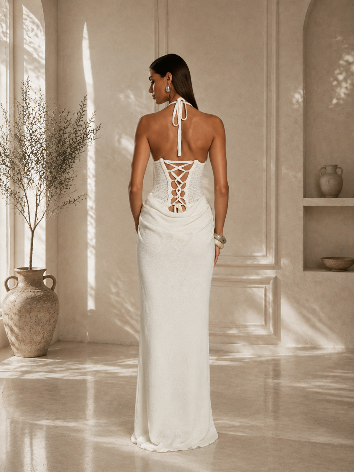 Women’s White Elegant Halter Neck Crochet Knit Backless Maxi Dress
