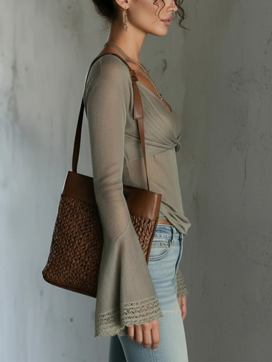 Women’s Sage Green Bohemian Mesh V-Neck Bell Sleeve Regular Top with Lace Trim  Product Description