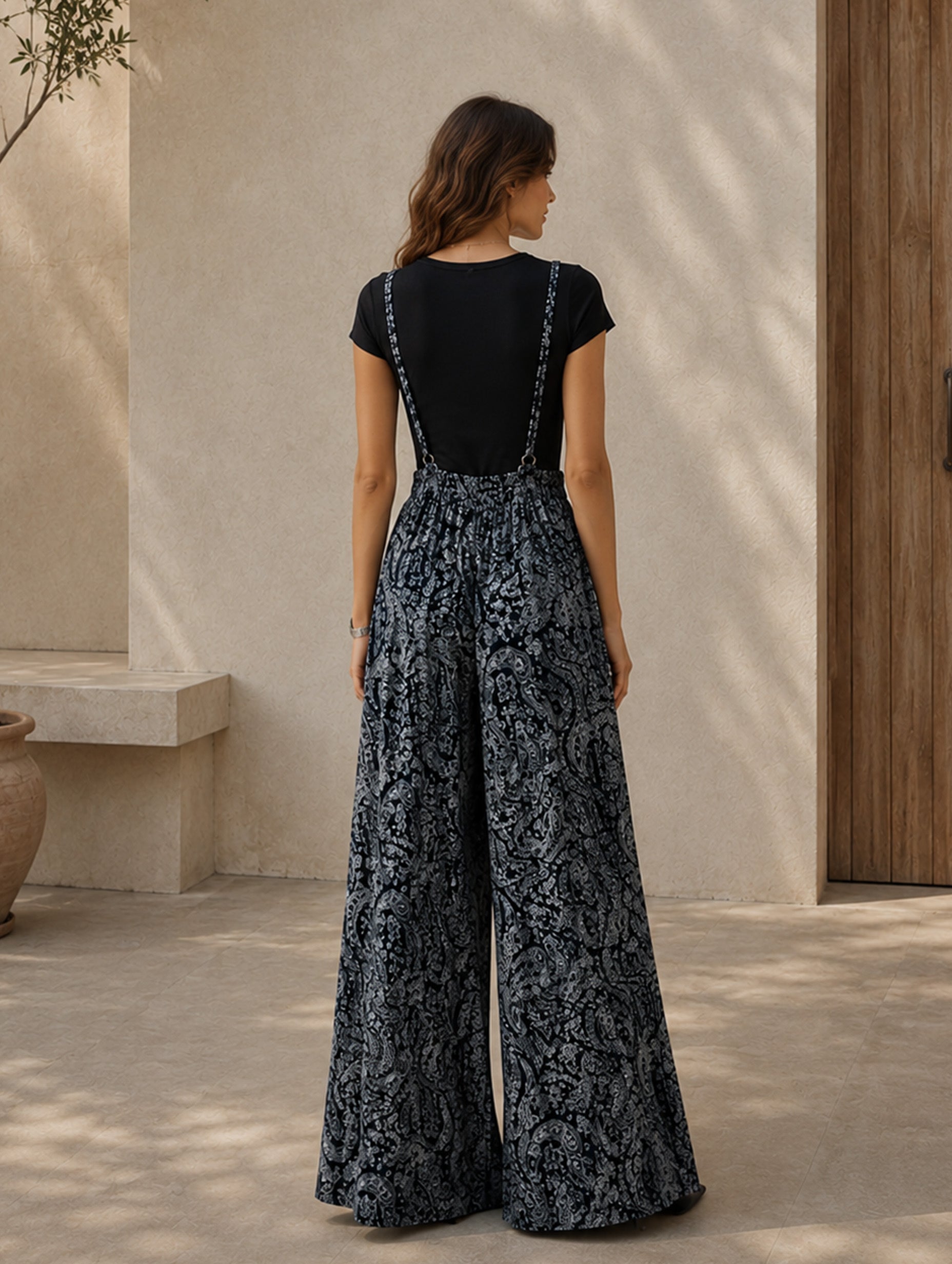 Women’s Black Bohemian Lightweight Woven Round Neck Cap Sleeve Relaxed Full-Length Wide-Leg Jumpsuit with Paisley Print