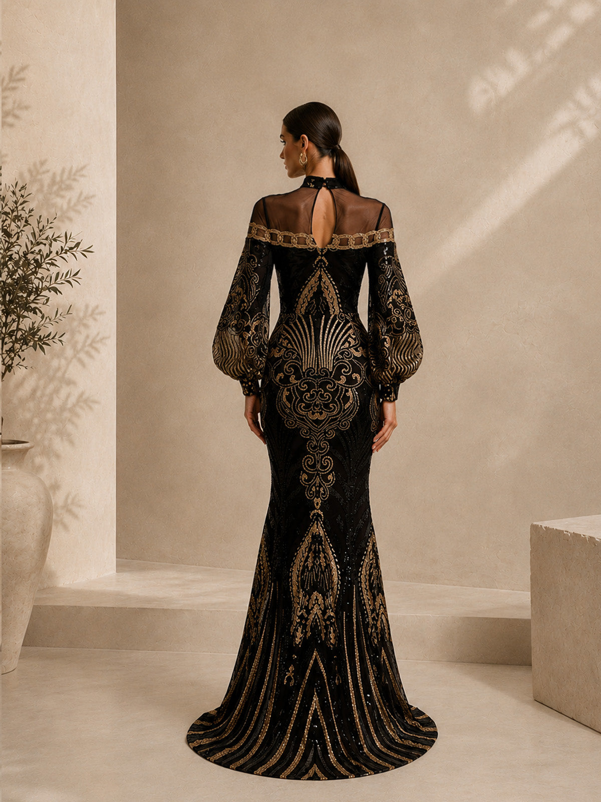 Women’s Black Luxe Embroidered Mesh High Neck Long Sleeve Mermaid Maxi Dress