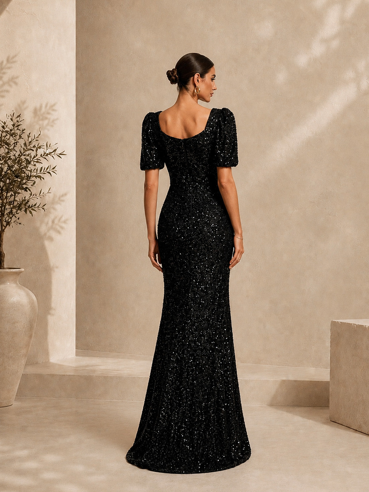 Women’s Black Sparkling Sequin Square Neck Short Sleeve Slim Maxi Dress