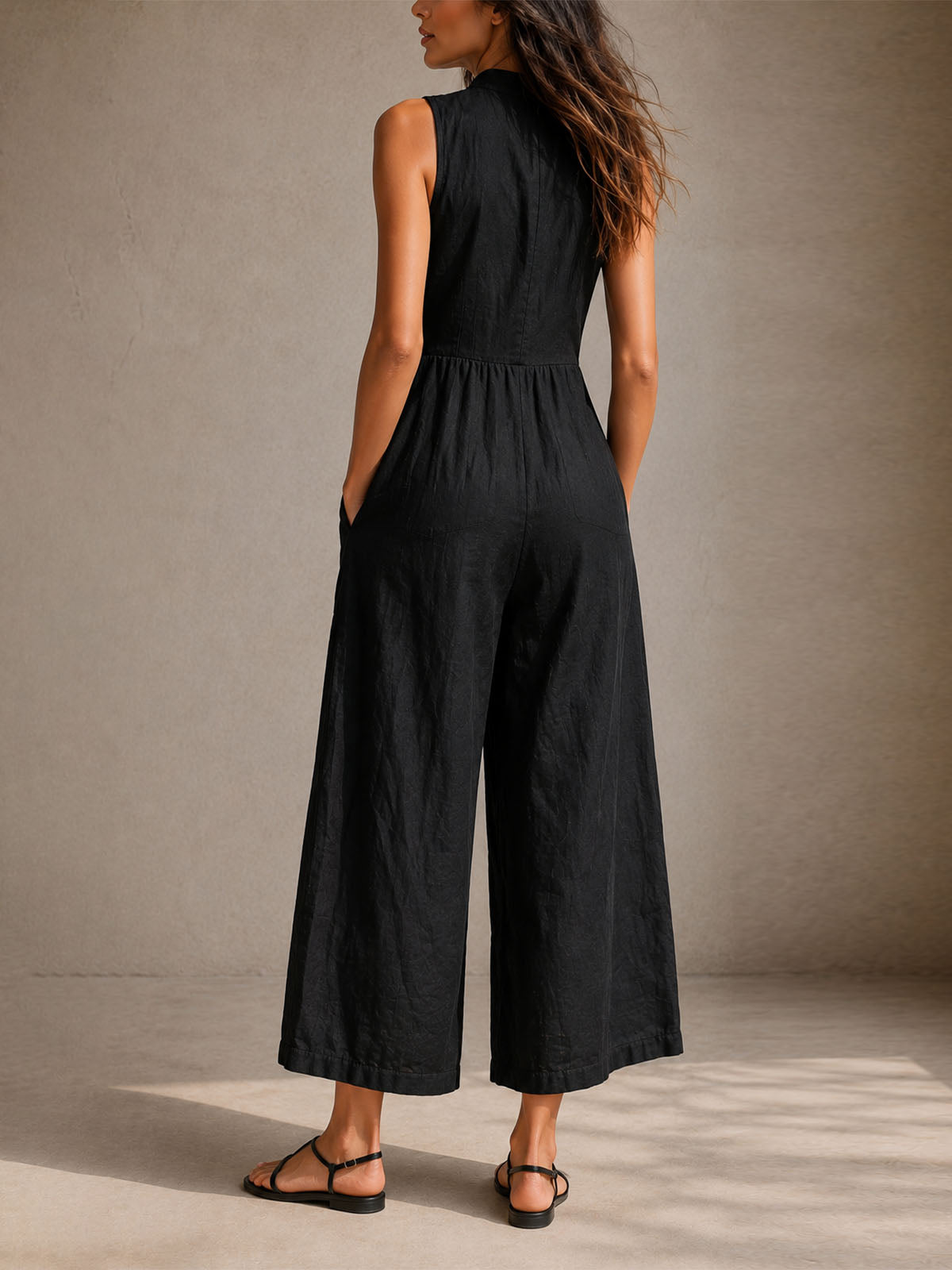 Women’s Black Casual Chic Linen-Blend Mandarin Collar Sleeveless Wide-Leg Ankle Jumpsuit