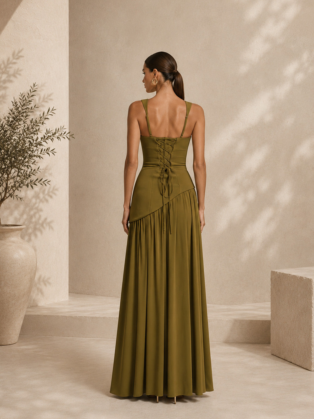 Women’s Olive Green Asymmetrical Stretch Square Neck Sleeveless Slim Maxi Dress with Slit