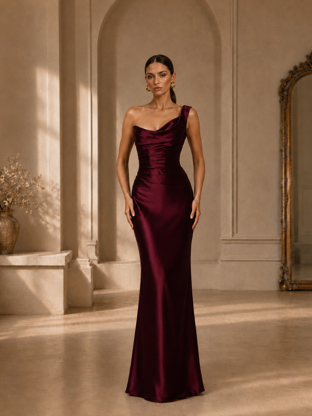 Women’s Burgundy Ruched Satin One-Shoulder Sleeveless Slim Maxi Cocktail Dress
