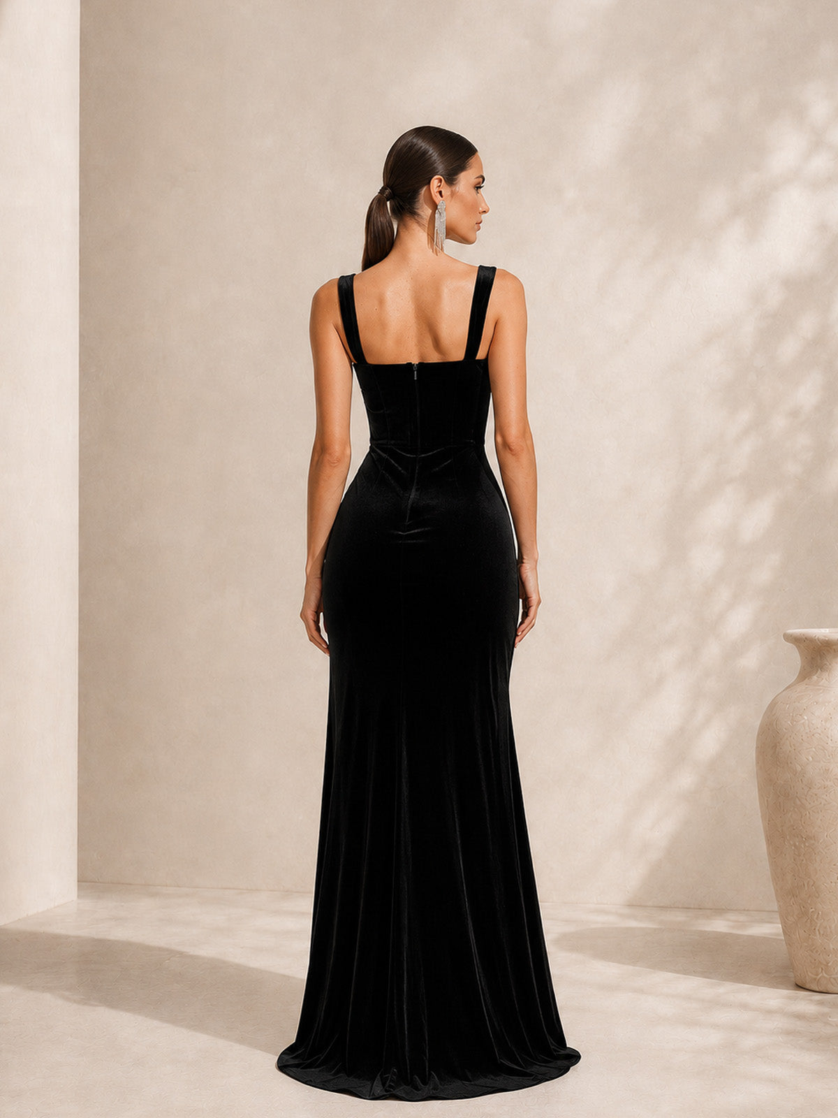 Women’s Black Luxurious Velvet Square Neck Sleeveless Slim Fit Maxi Evening Dress