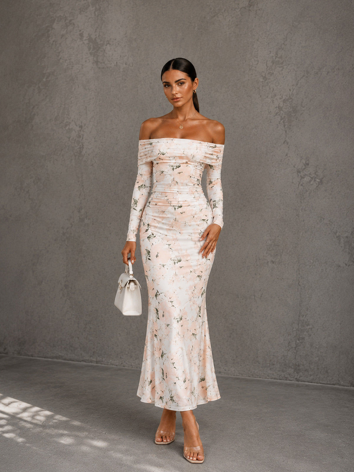 Women’s Floral Mesh Off-Shoulder Long Sleeve Slim Maxi Dress