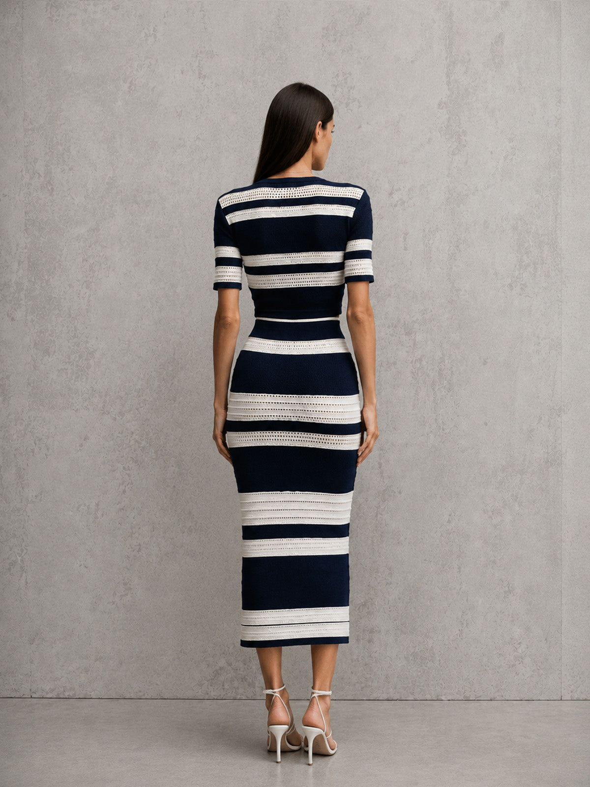 Women’s Navy Blue Chic Knit Square Neck Short Sleeve Top and Midi Skirt Set with Striped Detail