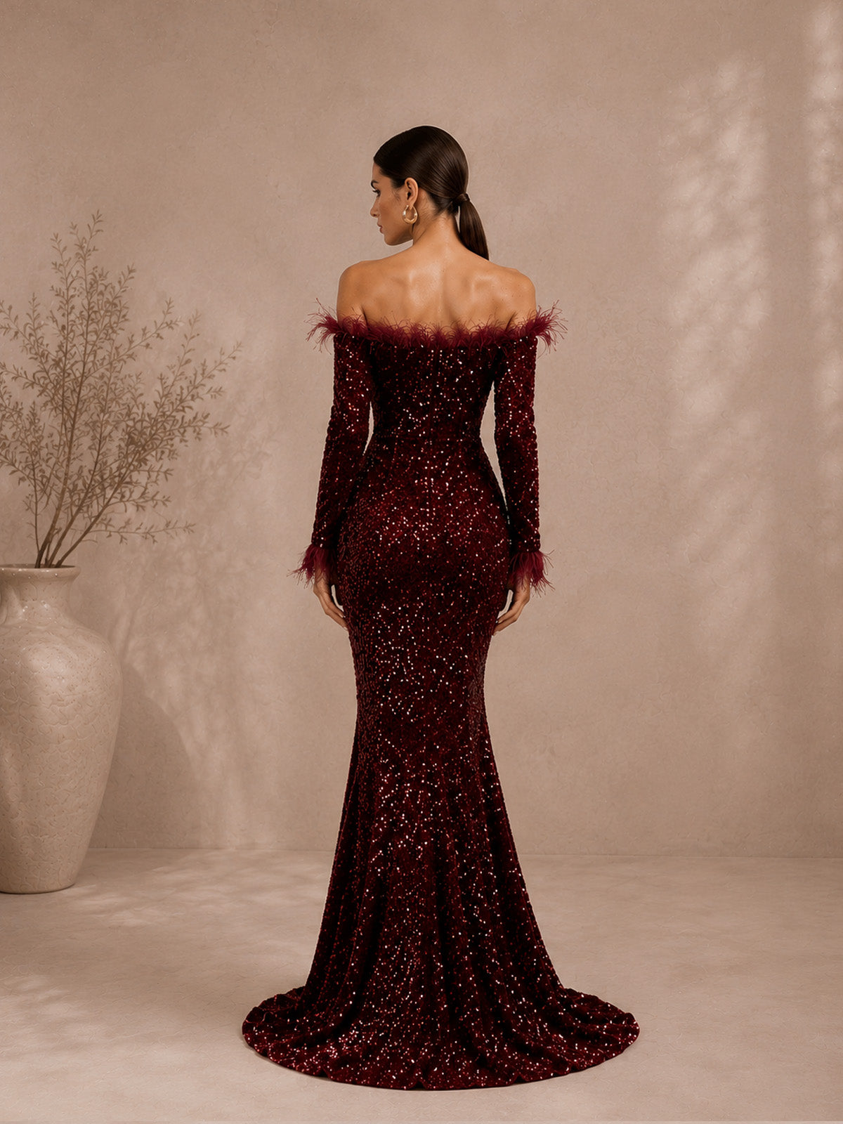 Women’s Burgundy Luxe Sequin Off Shoulder Long Sleeve Mermaid Maxi Dress