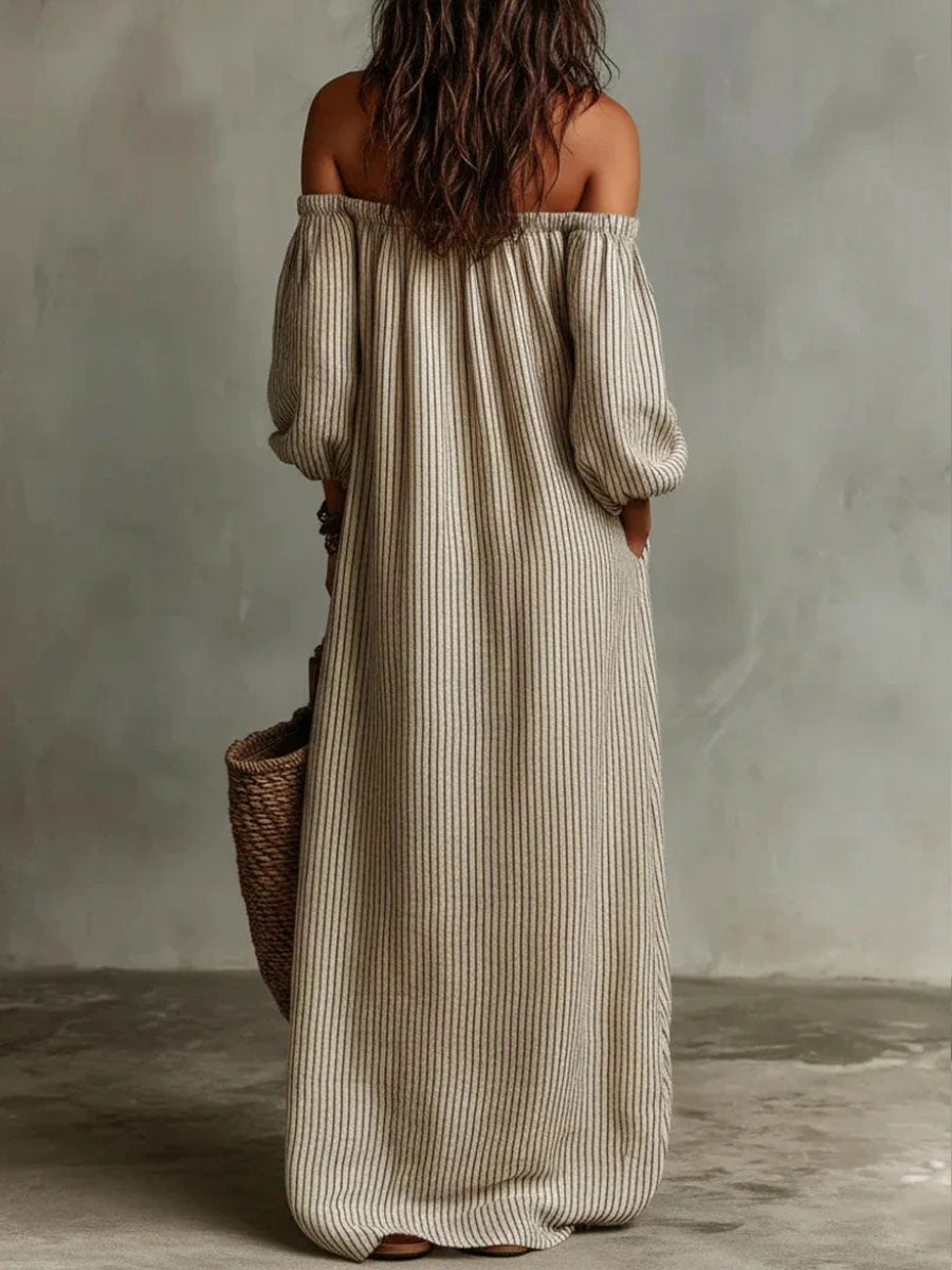Women’s Beige Striped Bohemian Linen-Cotton Off-Shoulder Three-Quarter Sleeves Loose Maxi Dress with Side Pockets