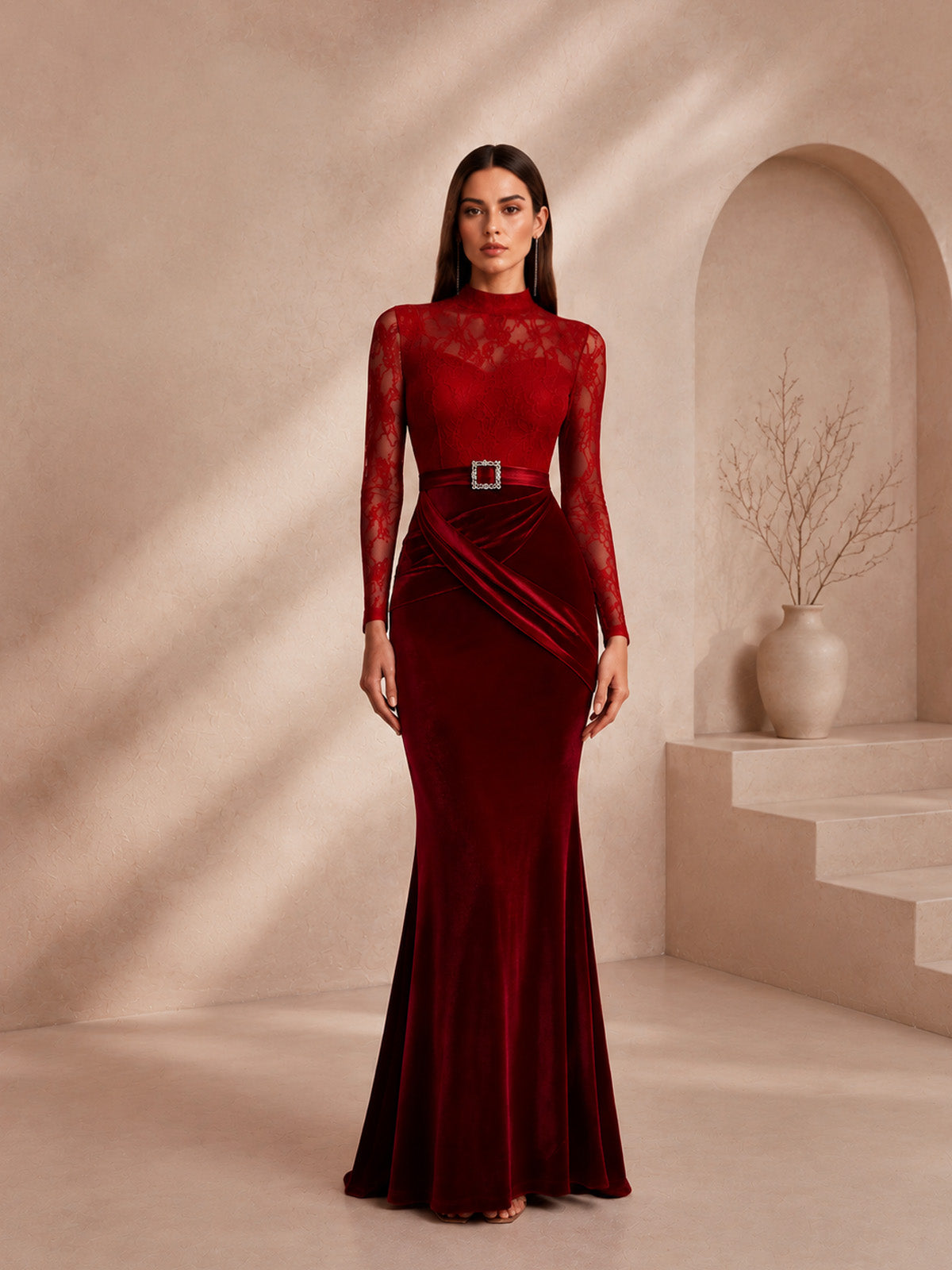 Women’s Red Elegant Velvet Lace High Neck Long Sleeve Mermaid Fit Maxi Evening Dress