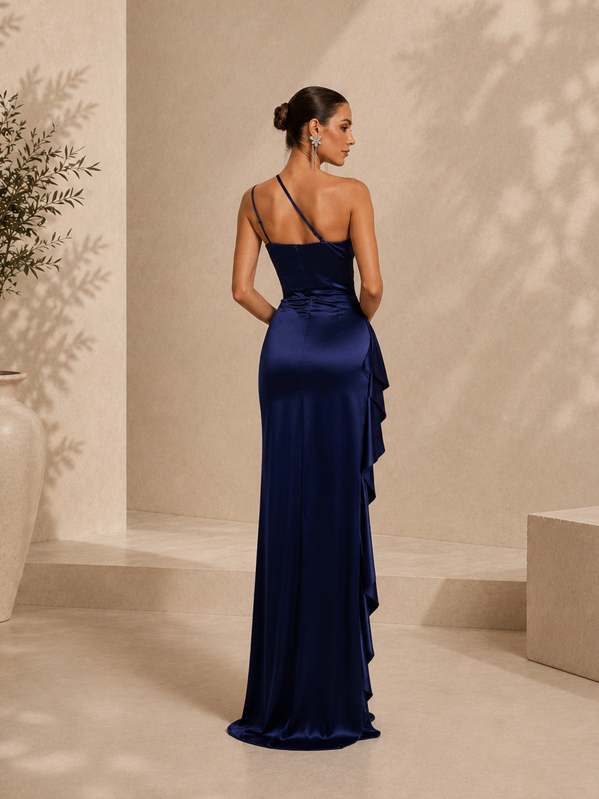 Women’s Navy Blue Satin One Shoulder Sequin Slim Fit High Slit Maxi Evening Dress