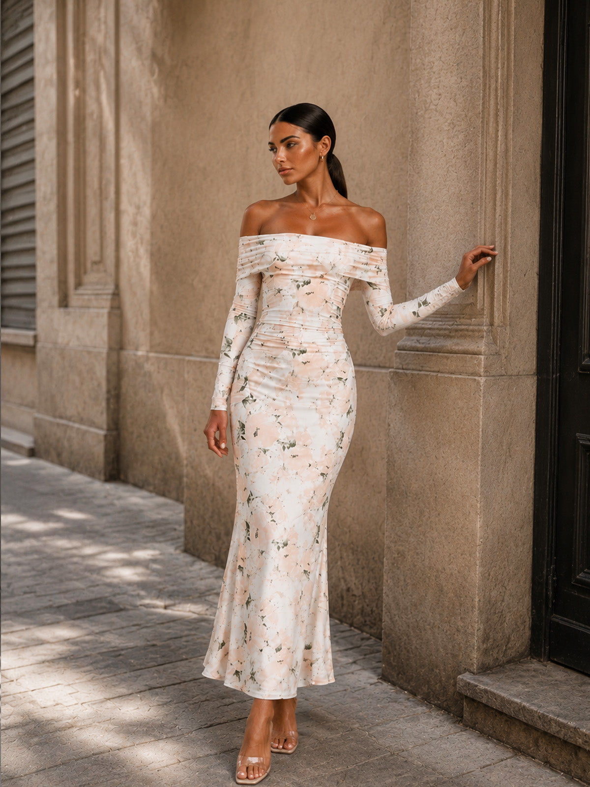 Women’s Floral Mesh Off-Shoulder Long Sleeve Slim Maxi Dress