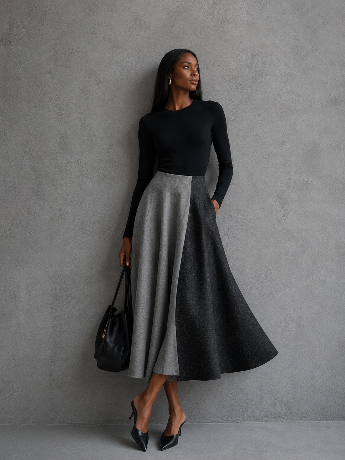 Women’s Black and Gray Minimalist Knit-Woven Round-Neck Long Sleeve Slim Midi Dress