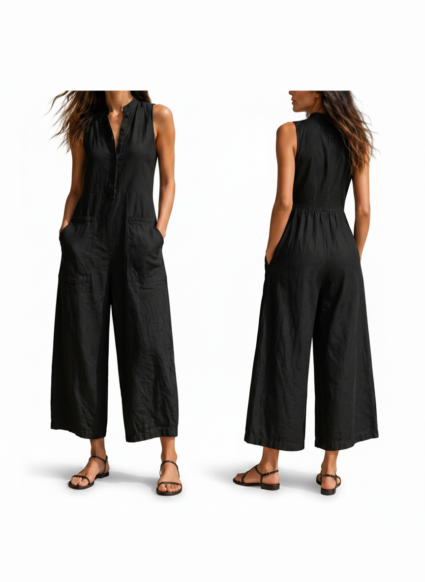 Women’s Black Casual Chic Linen-Blend Mandarin Collar Sleeveless Wide-Leg Ankle Jumpsuit