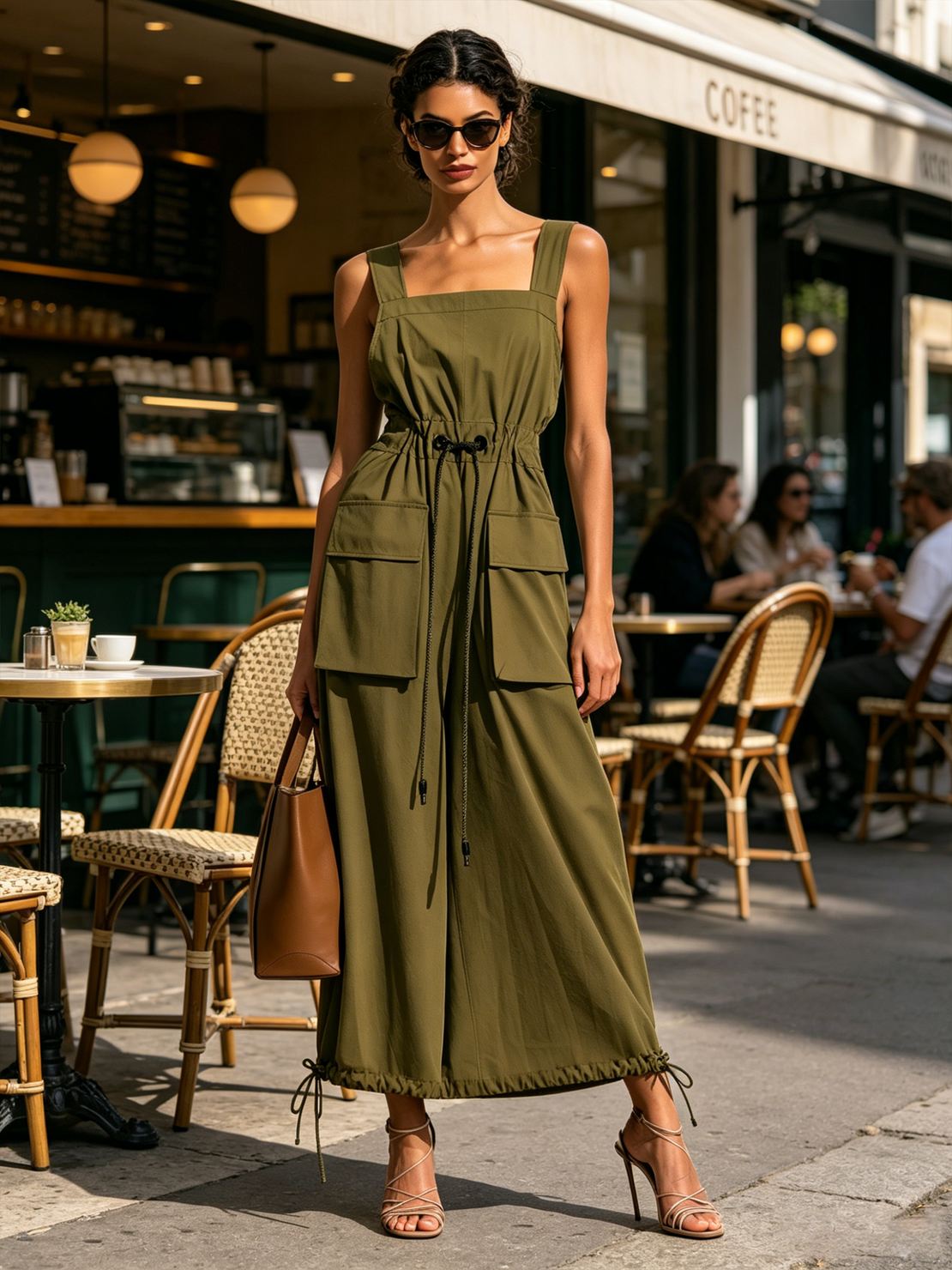 Women’s Olive Minimal Utility Woven Twill Square Strap Sleeveless Adjustable Drawstring Waist Midi Cargo Dress With Big Patch Pockets