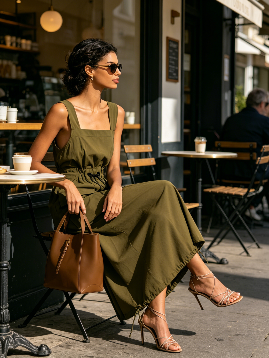 Women’s Olive Minimal Utility Woven Twill Square Strap Sleeveless Adjustable Drawstring Waist Midi Cargo Dress With Big Patch Pockets