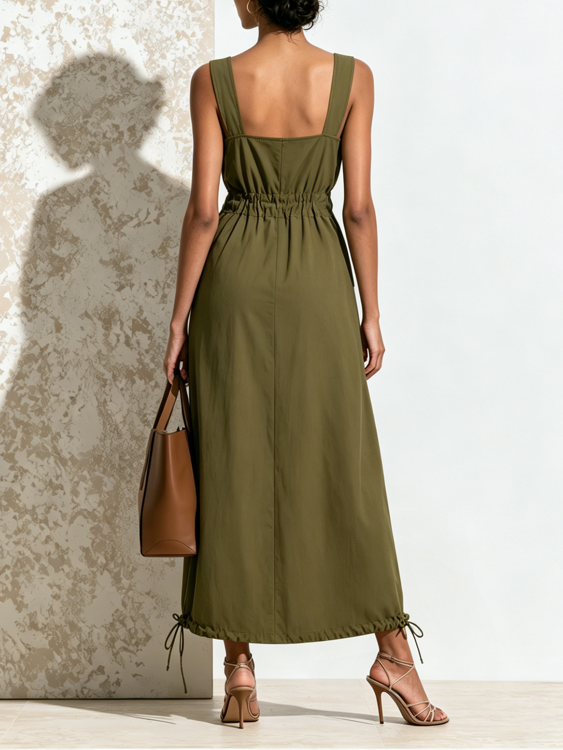 Women’s Olive Minimal Utility Woven Twill Square Strap Sleeveless Adjustable Drawstring Waist Midi Cargo Dress With Big Patch Pockets