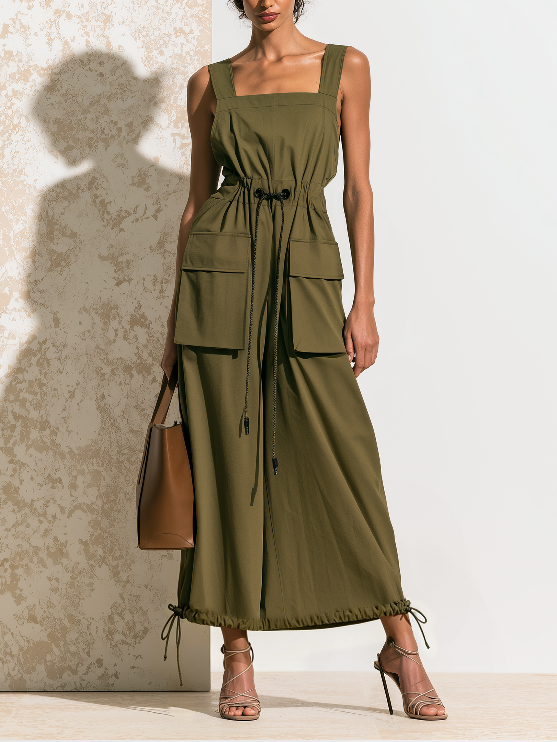 Women’s Olive Minimal Utility Woven Twill Square Strap Sleeveless Adjustable Drawstring Waist Midi Cargo Dress With Big Patch Pockets