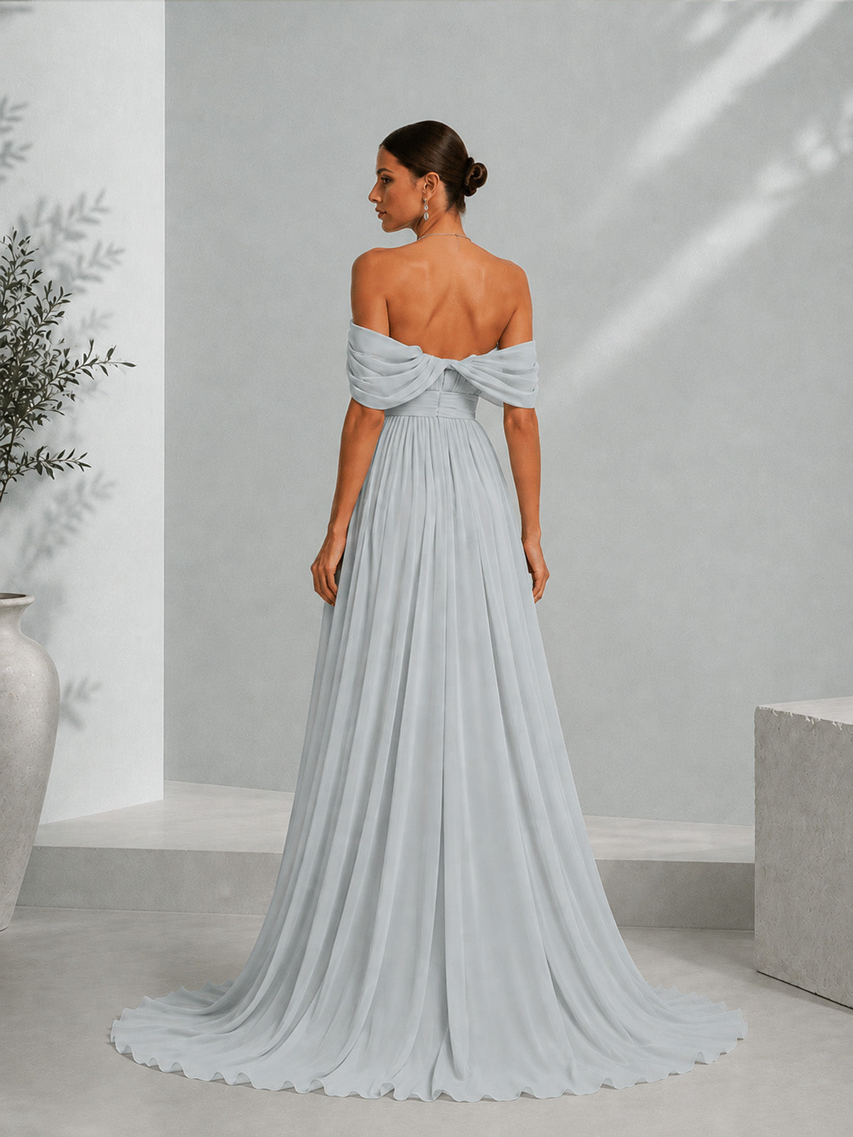 Women’s Light Gray Romantic Chiffon Off Shoulder Draped Sleeve A-Line Maxi Dress