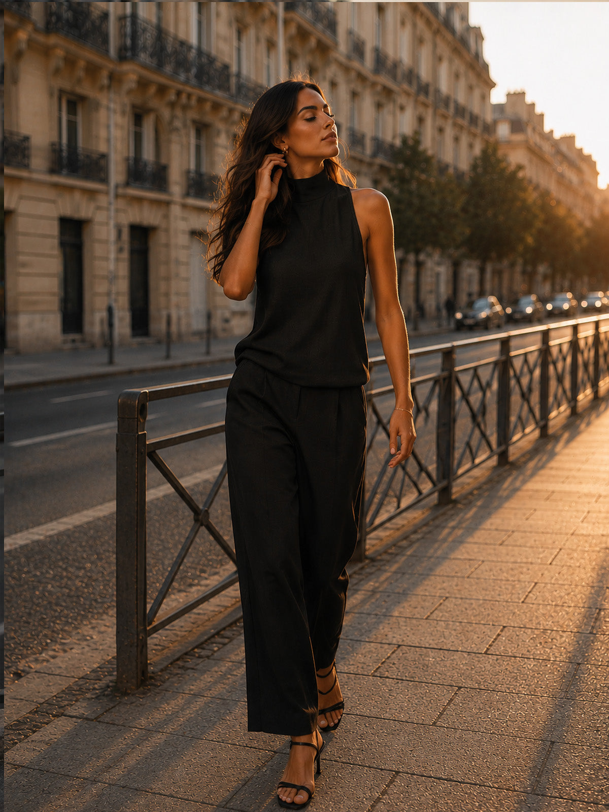 Women’s Black and White Elegant Cotton-Linen Blend Round-Neck Sleeveless Regular Full-Length Pants Set