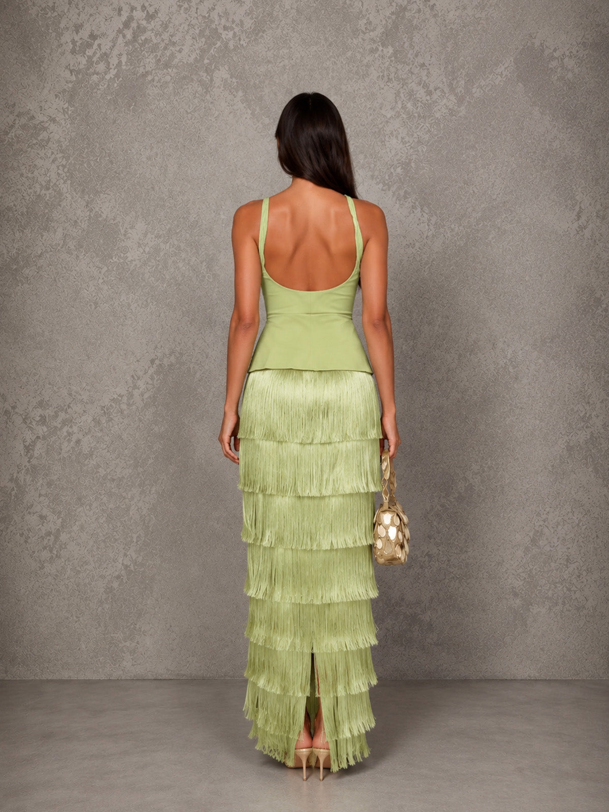 Women’s Lime Green Elegant Fringe Tiered Sleeveless Maxi Dress