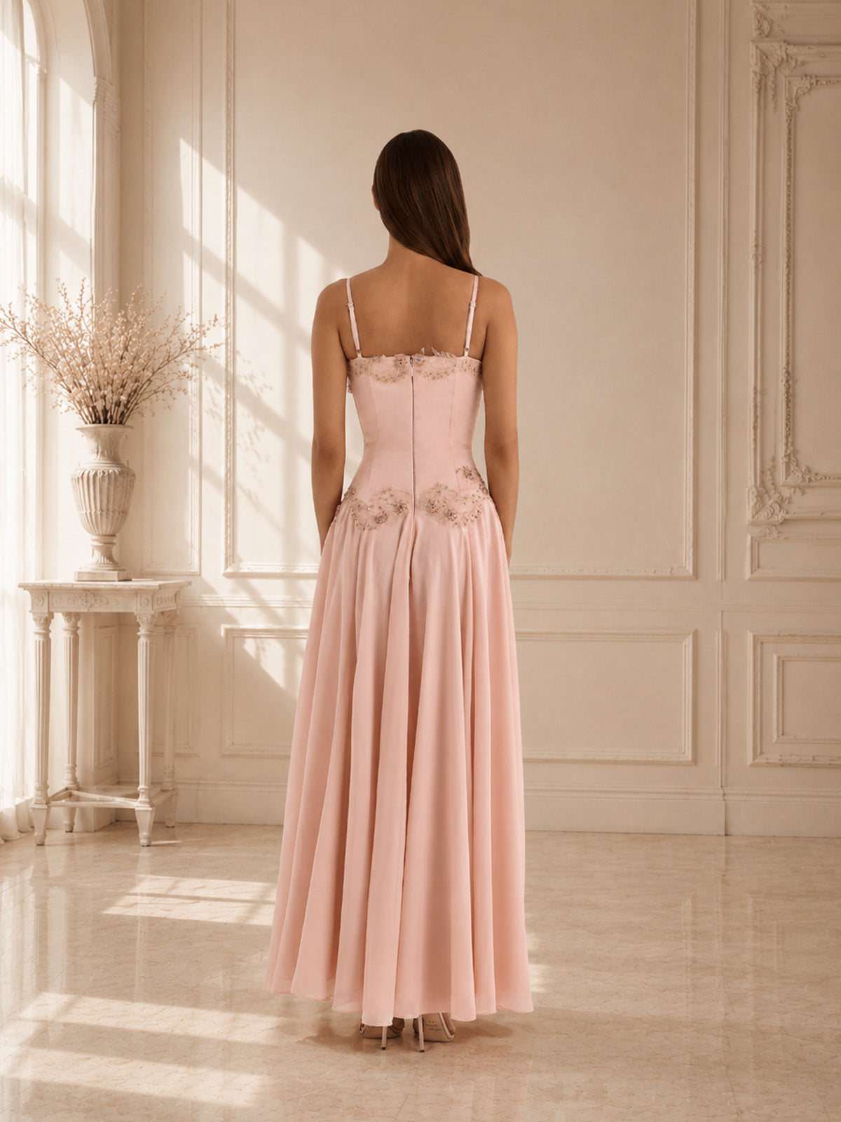 Glamour paillettes scollo asimmetrico senza maniche slim abito maxi con dettaglio catena sulla spalla con perline, cut-out e spacco alto da donna