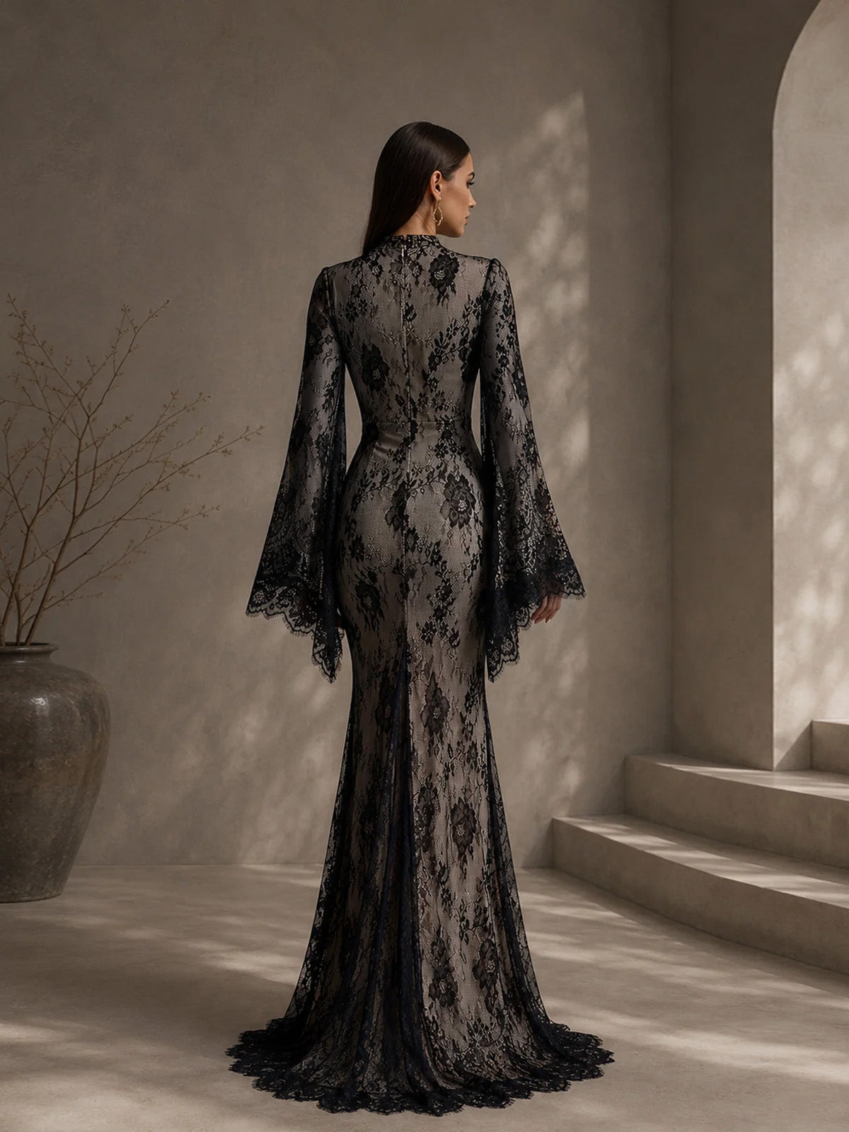 Women’s Black Elegant Lace Mock Neck Long Bell Sleeve Slim Mermaid Maxi Dress