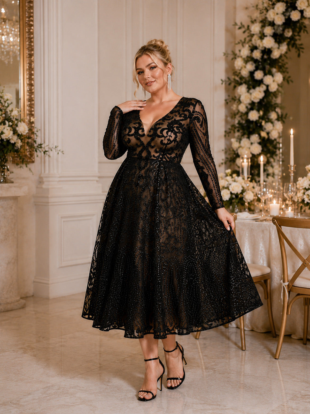Women’s Black Luxe Sequin Mesh V Neck Long Sleeve A-Line Midi Dress