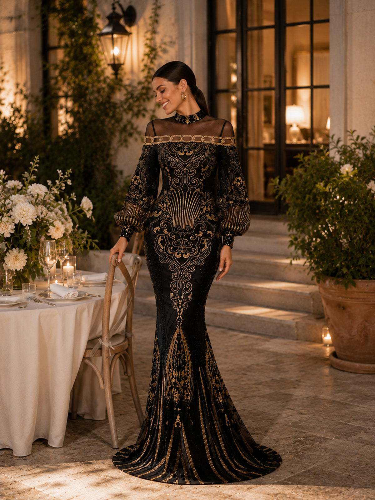 Women’s Black Luxe Embroidered Mesh High Neck Long Sleeve Mermaid Maxi Dress