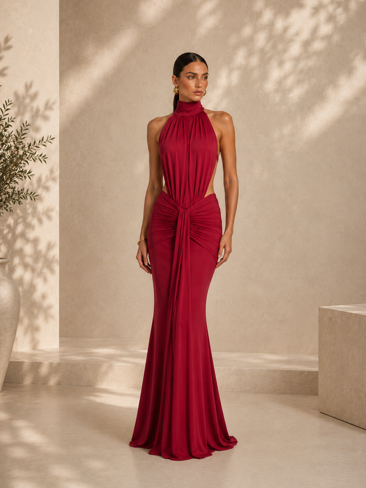 Women’s Brown Draped Jersey Halter Neck Sleeveless Slim Mermaid Maxi Dress