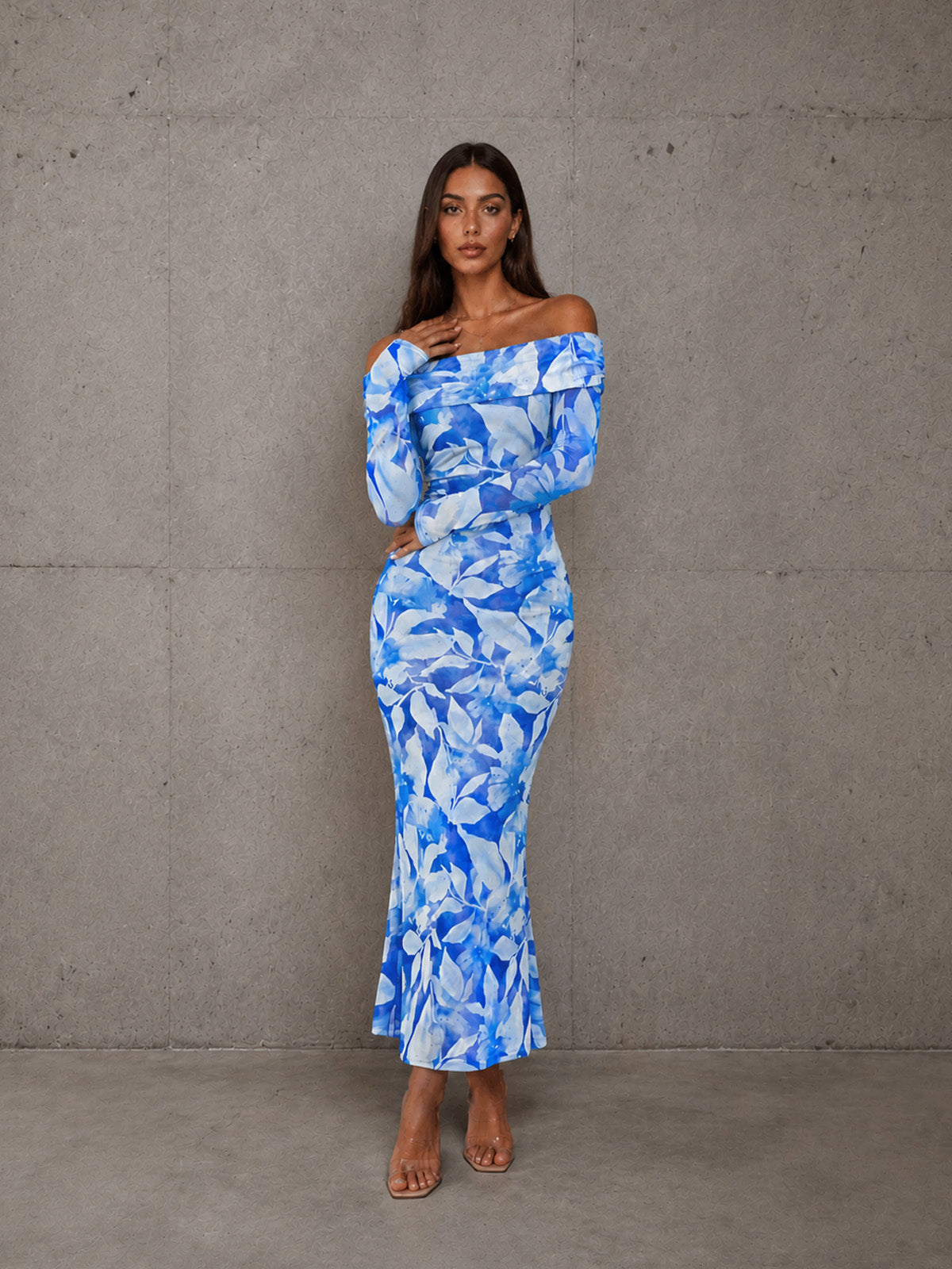 Women’s Floral Mesh Off-Shoulder Long Sleeve Slim Maxi Dress