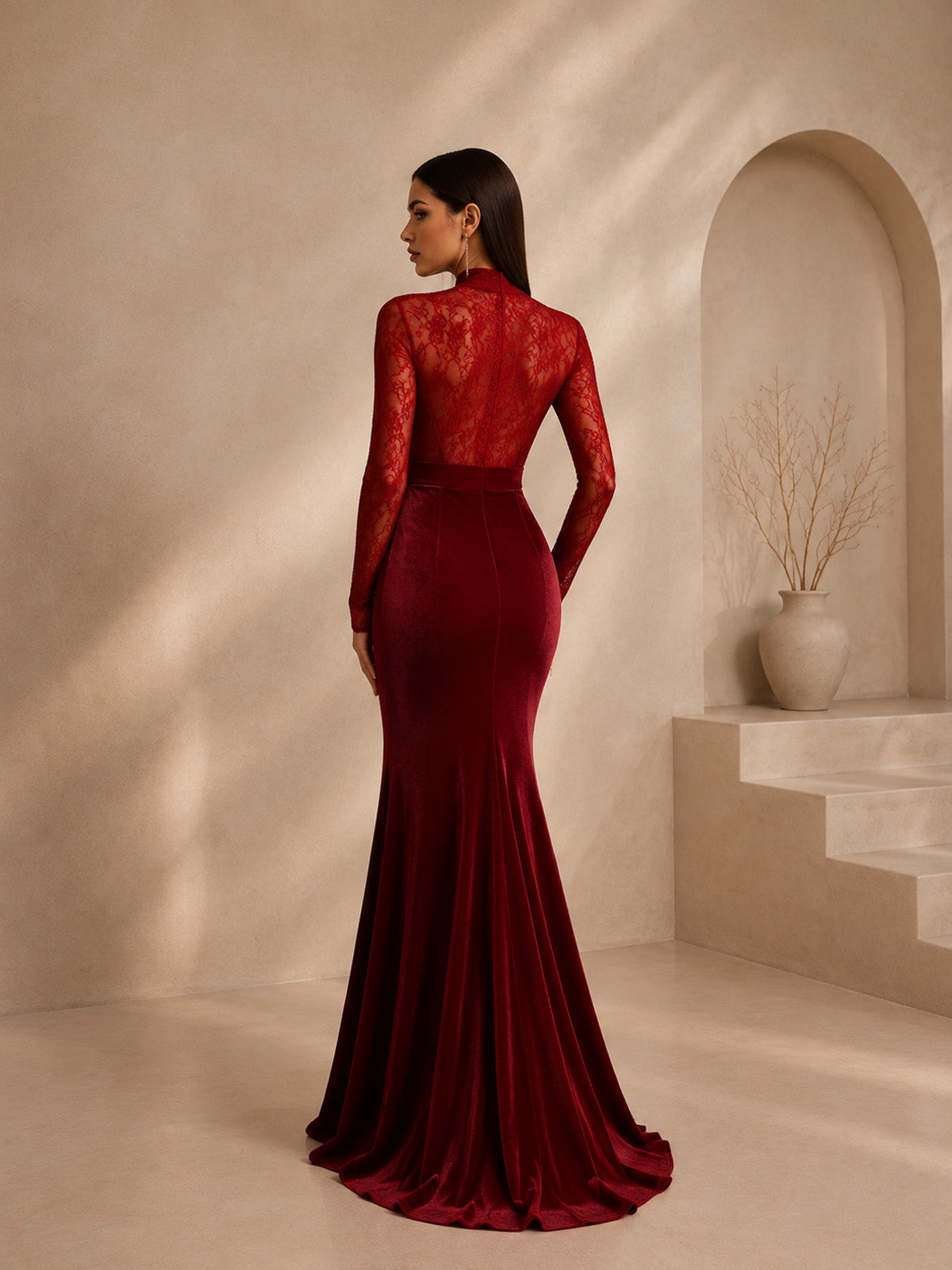 Women’s Red Elegant Velvet Lace High Neck Long Sleeve Mermaid Fit Maxi Evening Dress