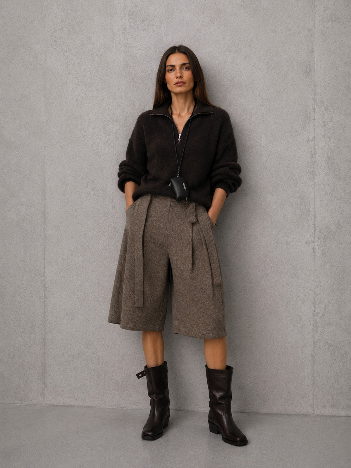 Women’s Black Modern Knit Stand Collar Long Sleeve Top and Gray Wide Leg Bermuda Shorts Set