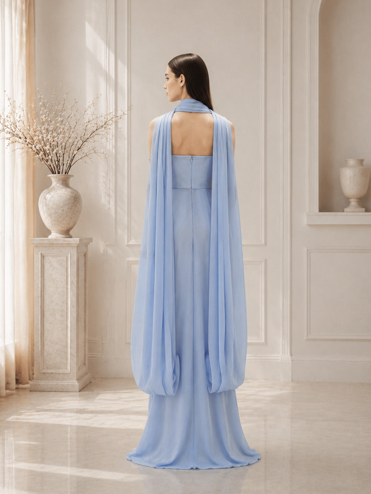 Women’s Light Blue Refined Chiffon Draped Cape Sleeve Maxi Dress