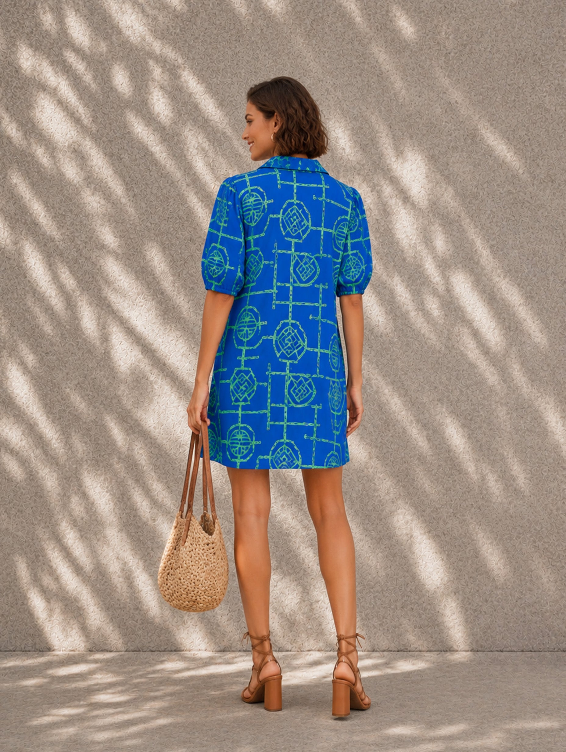 Women’s Cobalt Grass Casual V-Neck Puff Sleeve Regular Mini Dress