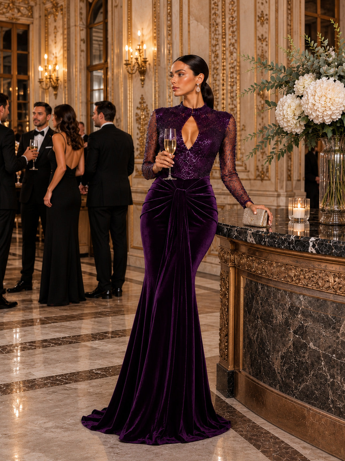 Women’s Purple Glamorous Velvet Mesh Mock Neck Long Sleeve Slim Mermaid Maxi Dress