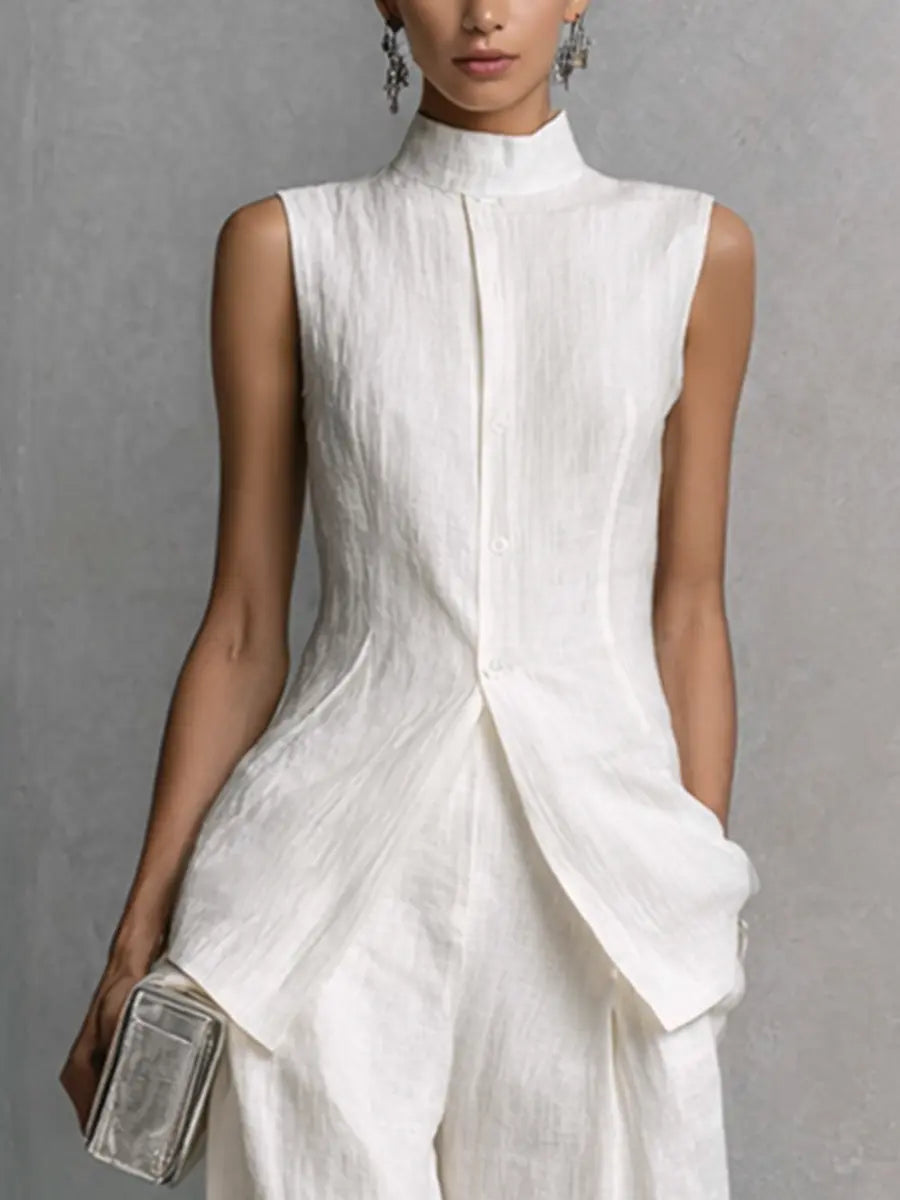 Women’s Multi-Color Elegant Cotton-Linen Stand-Collar Sleeveless Relaxed Wide-Leg Pants Set